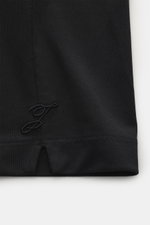 Close-up front view of Jacquemus Crew neck T-Shirt 'Rond Carre' black, showing mix of paper and microfiber, matte look, regular fit, logo stitching on the side seam, short hem slits, reinforced sleeve cuffs, and loop with logo detail on the back.