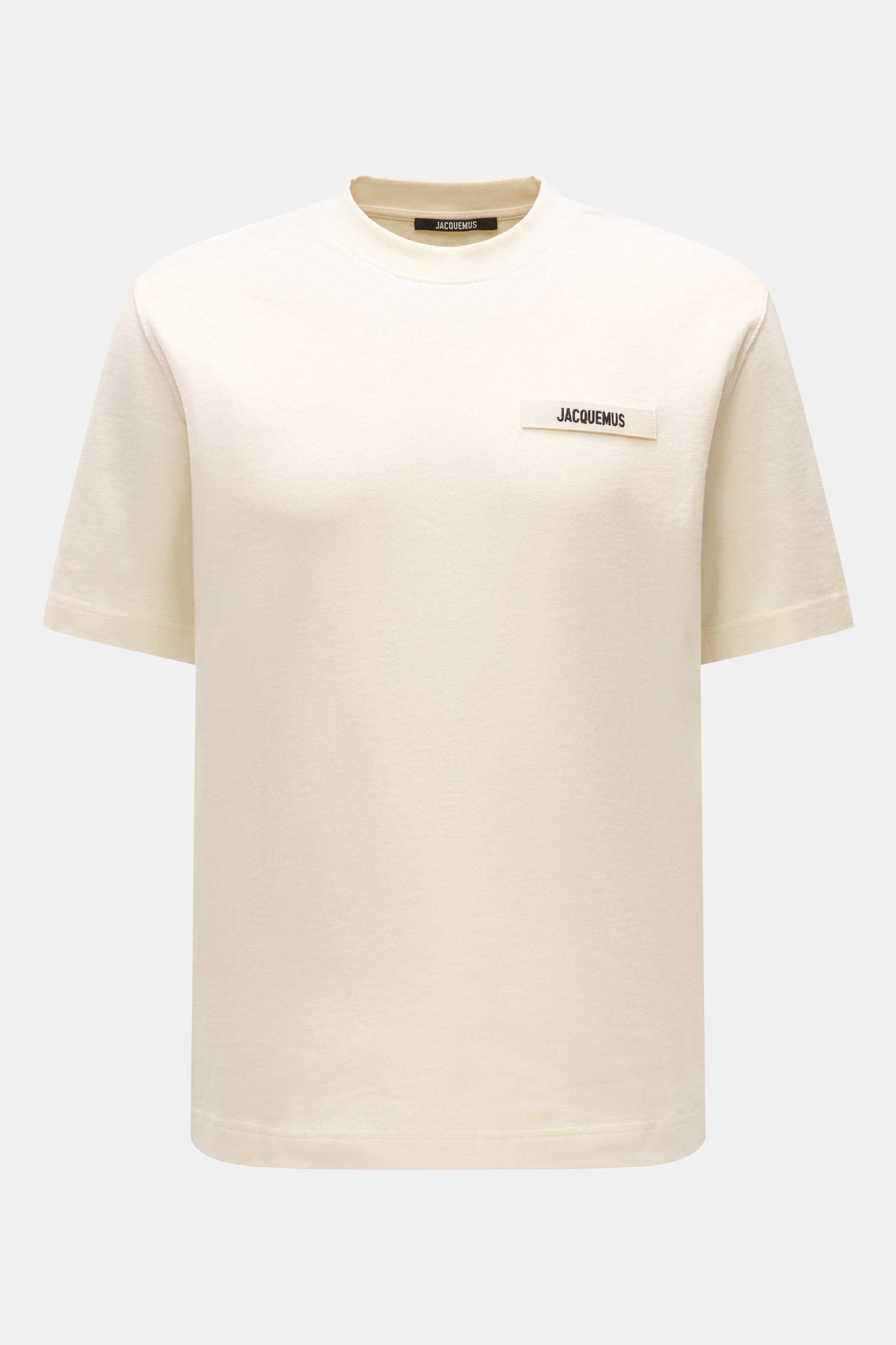 Jacquemus Rundhals-T-Shirt creme, Slim Fit, reine Baumwolle, weicher Griff, Grosgrain mit Logo-Stitching, frontal fotografiert.
