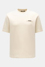 Jacquemus Rundhals-T-Shirt creme, Slim Fit, reine Baumwolle, weicher Griff, Grosgrain mit Logo-Stitching, frontal fotografiert.