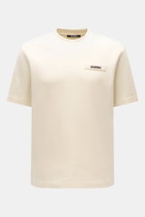 Jacquemus Rundhals-T-Shirt creme, Slim Fit, reine Baumwolle, weicher Griff, Grosgrain mit Logo-Stitching, frontal fotografiert.