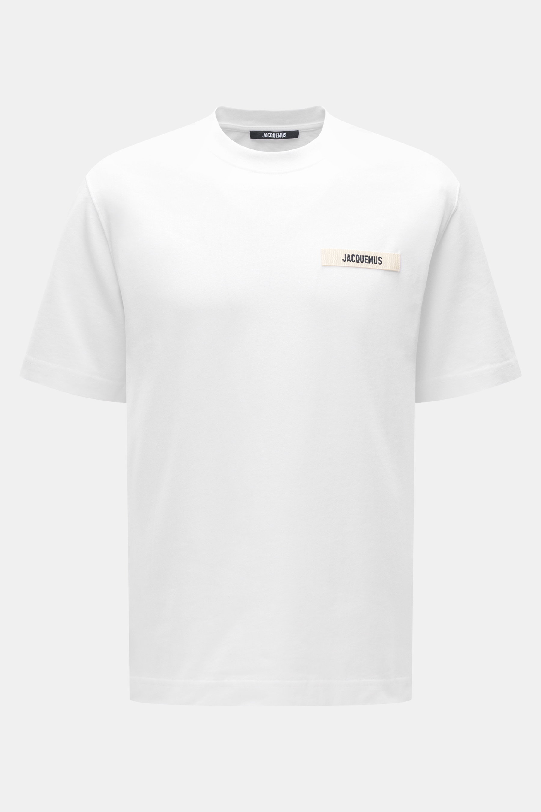 Jacquemus Rundhals-T-Shirt weiß, Slim Fit, reine Baumwolle, weicher Griff, Grosgrain mit Logo-Stitching, Vorderansicht.