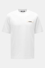 Front view of Jacquemus Crew Neck T-Shirt white, featuring pure cotton fabric, soft touch, slim fit, and grosgrain with logo stitching on chest.