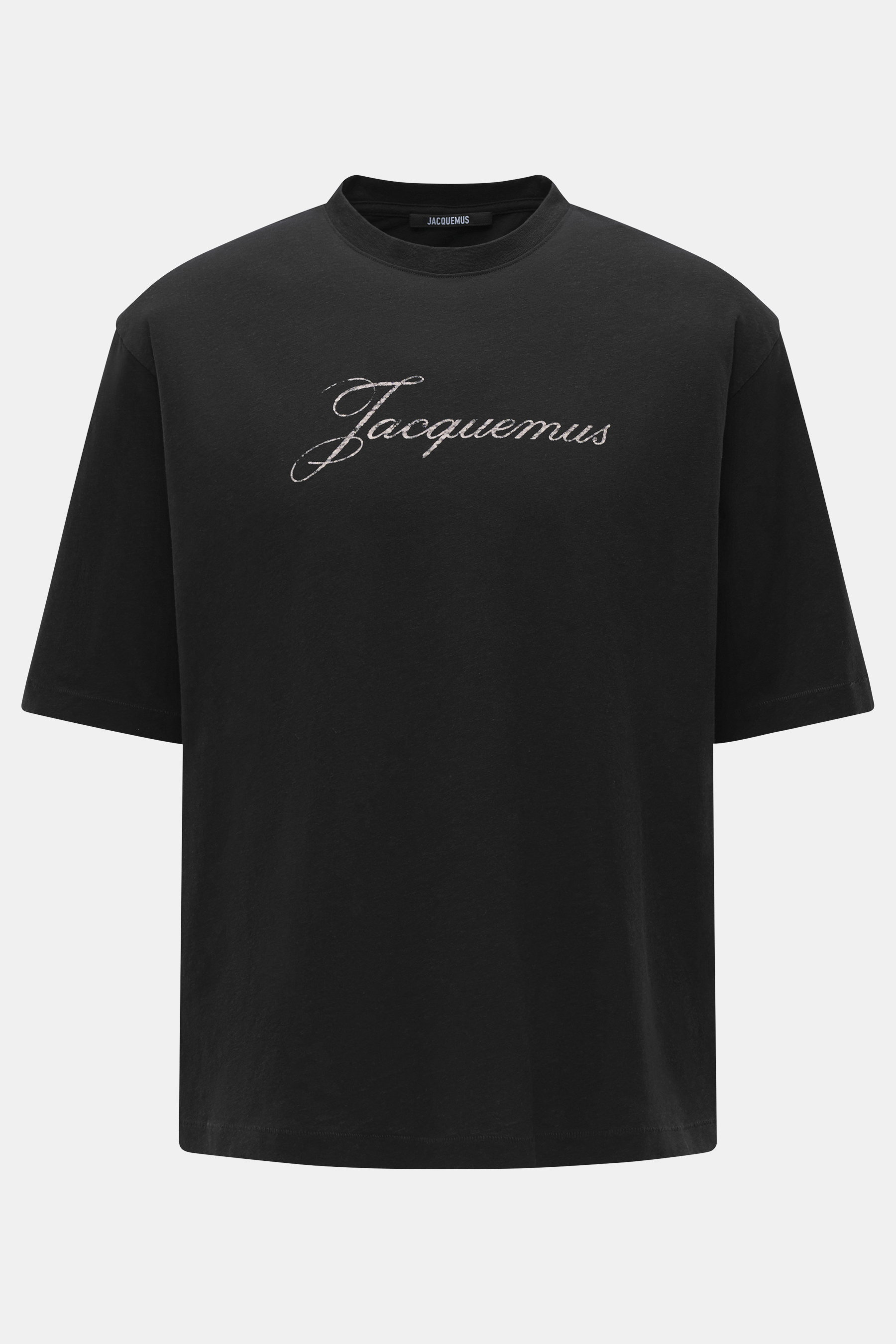 Front view of Jacquemus Crew neck T-Shirt black, featuring slim fit, pure cotton, soft touch, and logo print on the front.