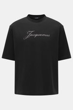 Front view of Jacquemus Crew neck T-Shirt black, featuring slim fit, pure cotton, soft touch, and logo print on the front.