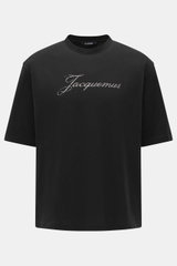 Front view of Jacquemus Crew neck T-Shirt black, featuring slim fit, pure cotton, soft touch, and logo print on the front.