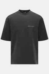 Front view of Jacquemus Crew Neck T-Shirt 'Le Ruban' Dark Grey Melange, jersey made of pure cotton, soft touch, fine diagonal structure, regular fit, crew neckline, woven label on chest, side hem slits, extended back.
