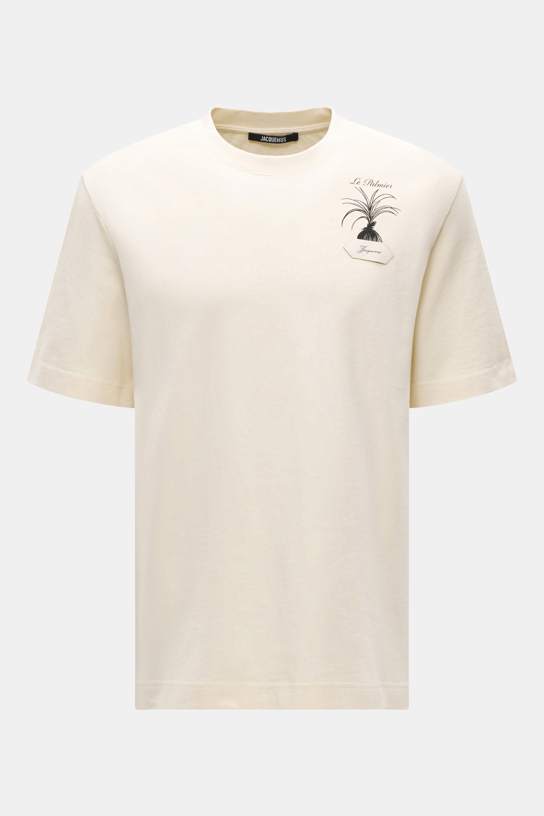 Jacquemus Rundhals-T-Shirt creme, Slim Fit, reine Baumwolle, weicher Griff, Grosgrain mit Logo-Stitching und Print, frontal fotografiert.