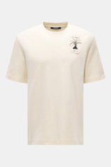 Front view of Jacquemus Crew Neck T-Shirt cream, pure cotton with soft touch, slim fit, grosgrain with logo stitching and chest print.
