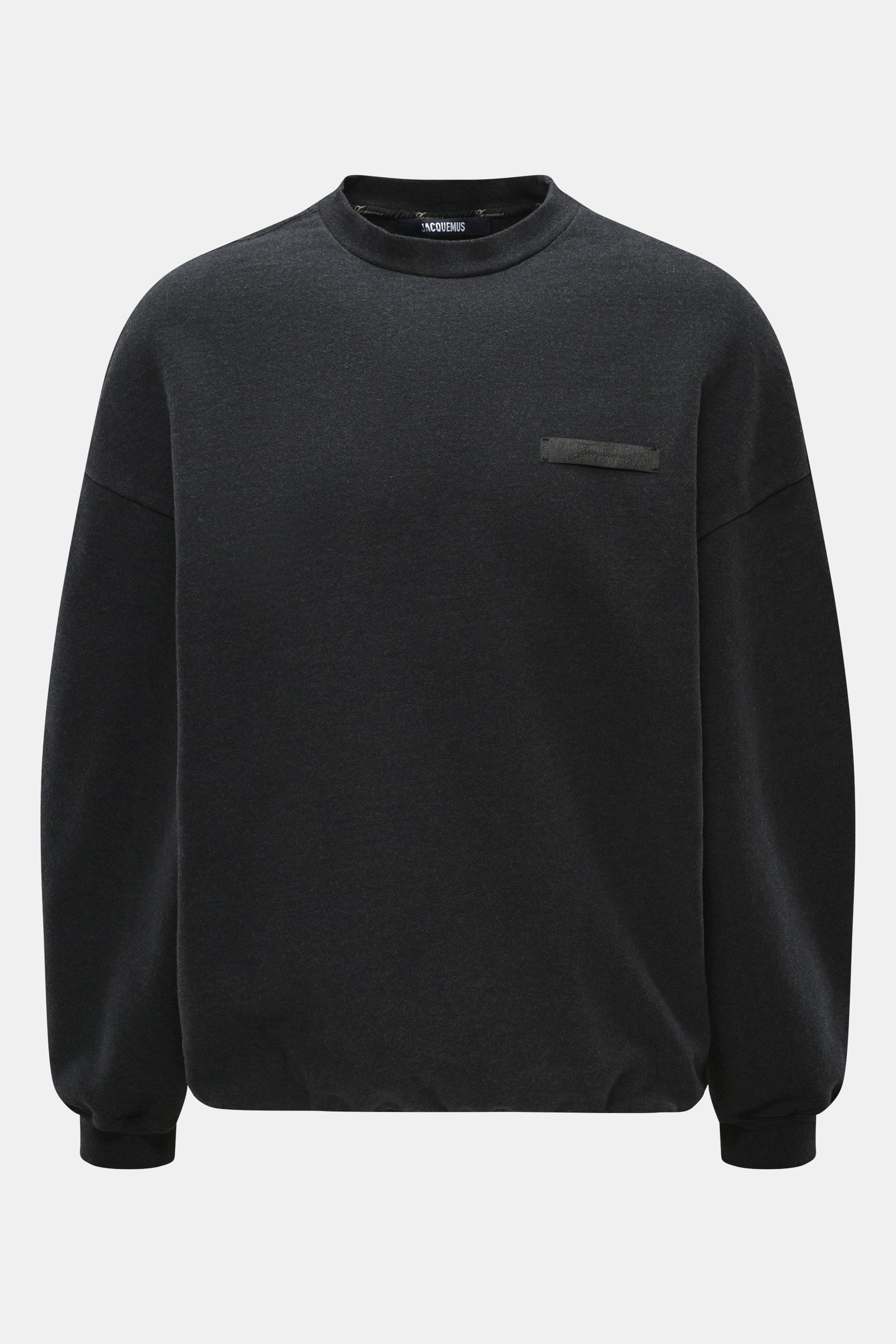 Jacquemus Sweatshirt 'Ruban' dunkelgrau meliert, Frontansicht, Oversized Fit, Rundhalsausschnitt, Baumwolle, schwere Qualität, Logo-Grosgrain, Rippbündchen Ballonsaum.