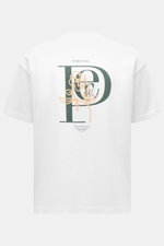 Back view of the Percival T-Shirt 'Earl' white with oversized fit, pure cotton, soft feel, round neckline, logo on chest, and distinctive back print.