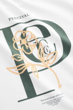 Close-up front view of Percival T-Shirt 'Earl' white showing logo print on chest, pure cotton, soft feel, oversized fit. 

Description: <p>Casual through the transitional period: The T-shirt from PERCIVAL sets a relaxed street style accent with its distin