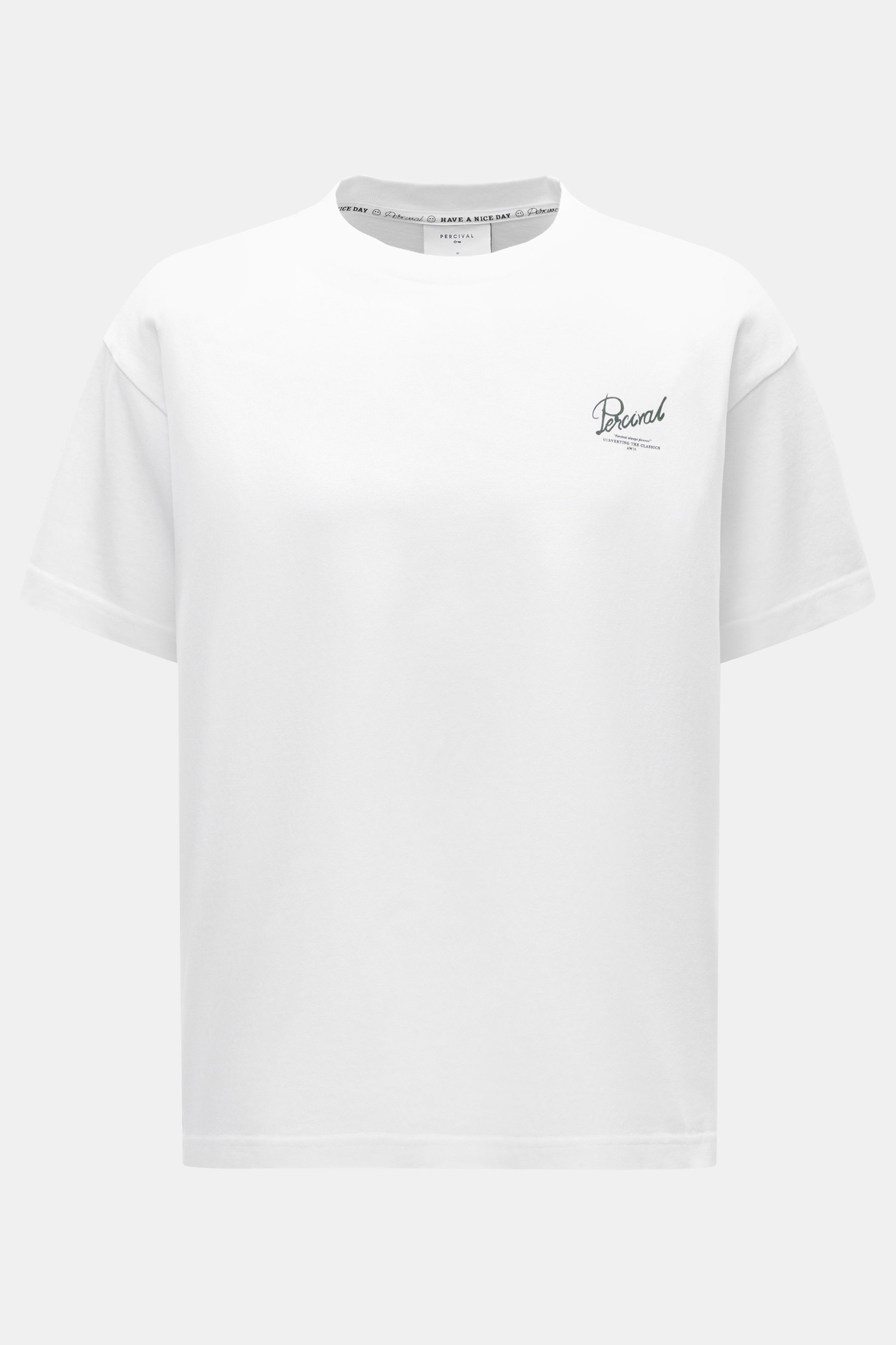 Front view of Percival T-Shirt 'Marley' white, pure cotton oversized fit with crew neckline, chest logo print, soft touch, and distinctive back print.