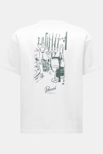 White Percival T-Shirt 'Marley' photographed from the back, showing a distinctive graphic print with wine glasses and candles, pure cotton, soft touch, oversized fit, crew neckline, logo print on the chest. Casual through the transitional period: The T-sh