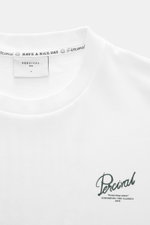 Close-up front view of Percival T-Shirt 'Marley' white showing crew neckline, logo print on chest, pure cotton, soft touch, oversized fit, casual style with distinctive back print.