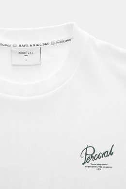 Close-up front view of Percival T-Shirt 'Marley' white showing crew neckline, logo print on chest, pure cotton, soft touch, oversized fit, casual style with distinctive back print.