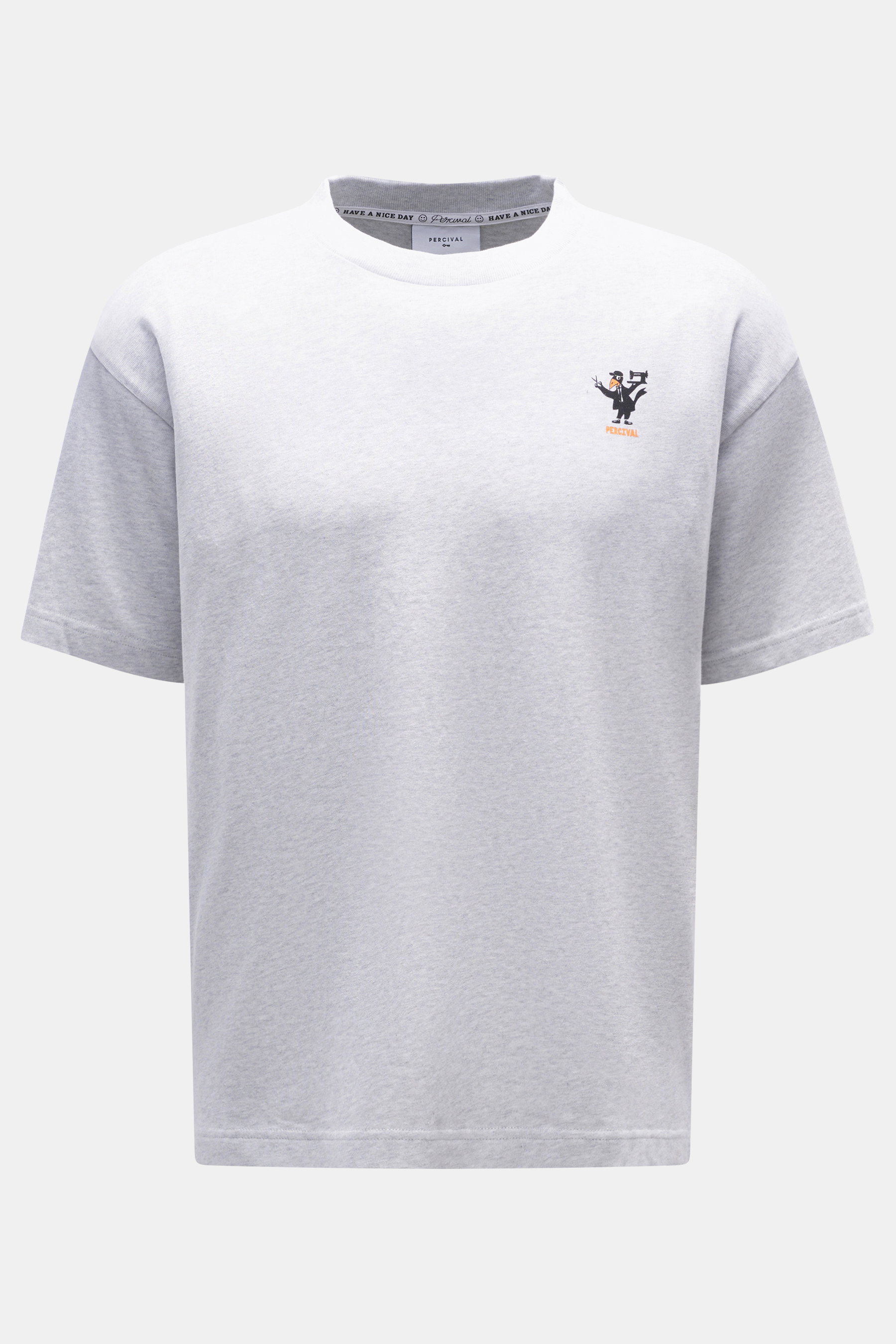 Front view of Percival T-Shirt grey melange in oversized fit, pure cotton with round neckline, logo print on chest, soft touch.