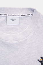 Close-up front view of the Percival T-Shirt grey melange showing round neckline, logo print on chest, pure cotton, soft touch.

<p>Casual through the transitional period: The T-shirt from PERCIVAL sets a relaxed street style accent with its striking back 
