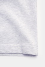 Close-up front view of the Percival T-Shirt grey melange showing pure cotton fabric with soft touch, oversized fit, round neckline, chest logo print, and striking back print. Casual through the transitional period: The T-shirt from PERCIVAL sets a relaxed