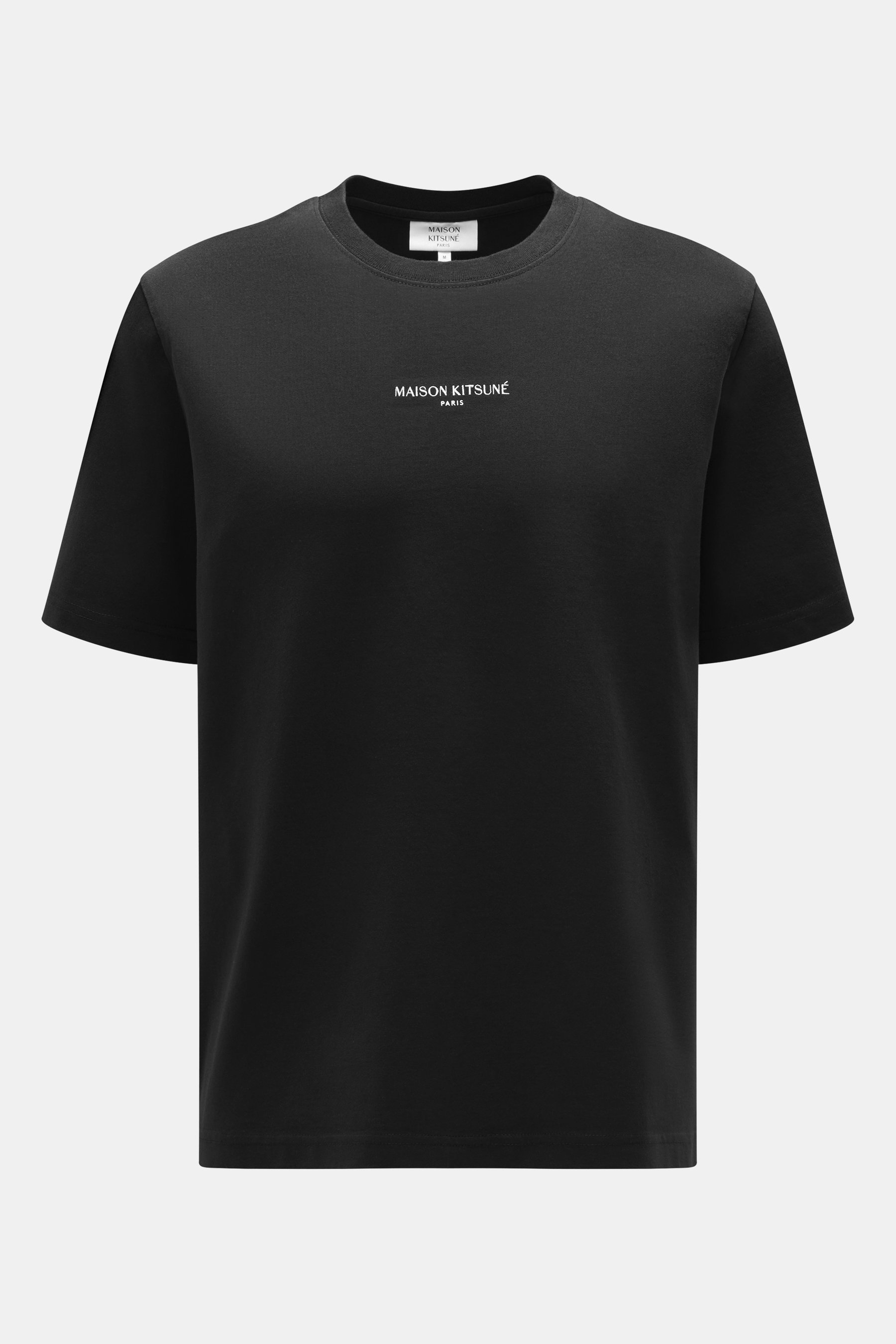 Maison Kitsuné Crew neck T-Shirt black shown from the front, pure cotton with a slightly textured feel, regular fit, boxy cut, crew neckline, distinctive fox print on chest.