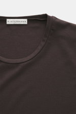 Close-up front view of the Kiefermann Crew neck T-shirt 'Hero' dark brown, showing the neckline and label, made from a blend of cotton and modal, elasticated fabric, soft touch, slim fit, crew neck.