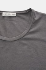 Close-up front view of Kiefermann Crew neck T-shirt 'Hero' dark grey showing crew neck and fabric texture, blend of cotton and modal, elasticated fabric, soft touch, slim fit.