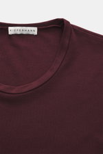 Close-up front view of Kiefermann Crew neck long sleeve 'Emil' burgundy, jersey in modal and cotton, elasticated fabric, soft touch, slim fit, crew neck.