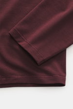Close-up front view of the Kiefermann Crew neck long sleeve 'Emil' burgundy showing jersey in modal and cotton, elasticated fabric, soft touch, slim fit, and crew neck.