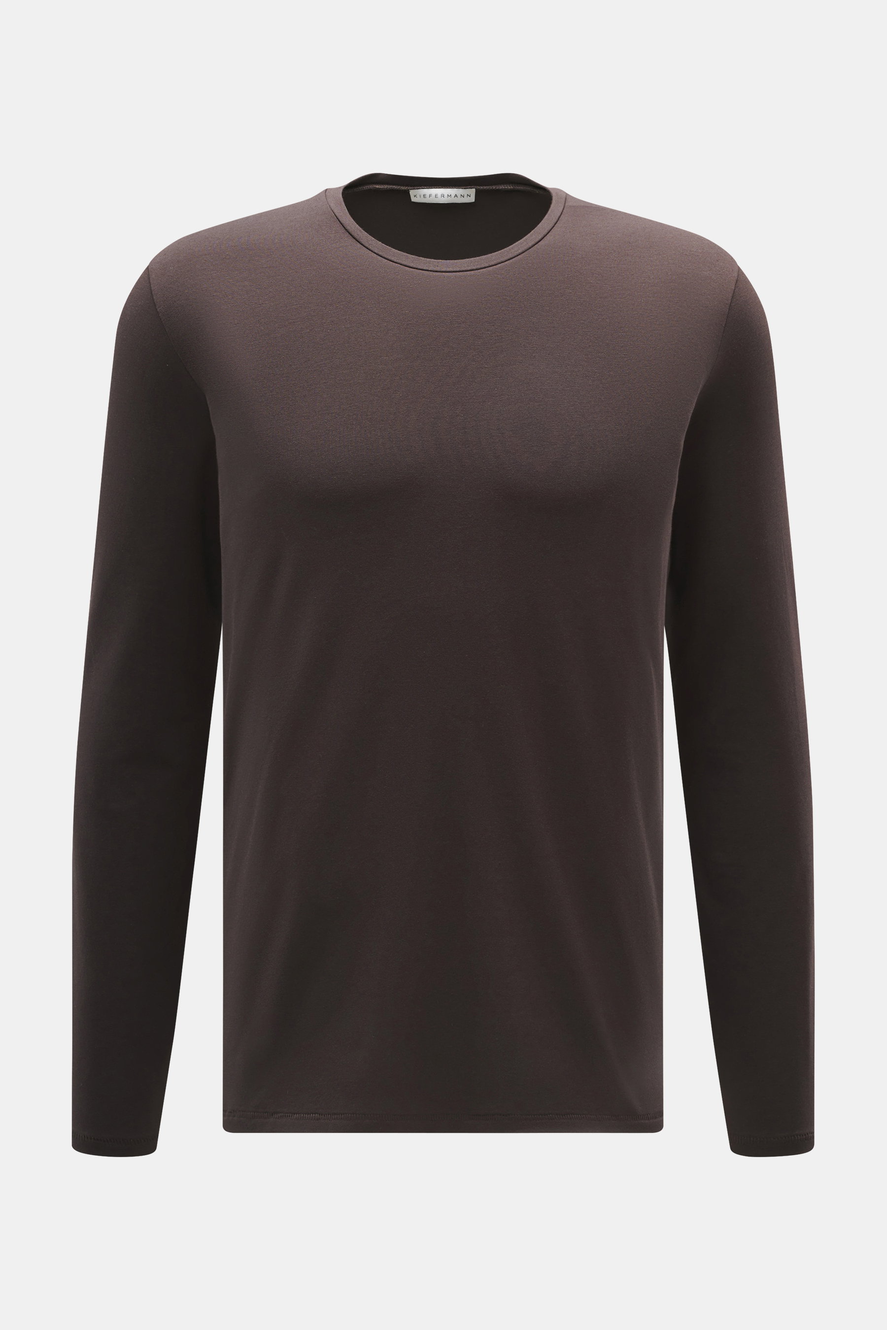 Kiefermann Rundhals-Longsleeve "Emil" dunkelbraun, frontale Ansicht, Jersey aus Modal und Baumwolle, elastisch, weicher Griff, Slim Fit, Rundhalsausschnitt