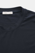 Close-up front view of the Kiefermann Crew neck long sleeve 'Alberts' navy showing the crew neck and label, jersey in modal and cotton, elasticated fabric, soft touch, slim fit.
