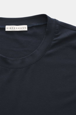 Close-up front view of the Kiefermann Crew neck long sleeve 'Alberts' navy showing the crew neck and label, jersey in modal and cotton, elasticated fabric, soft touch, slim fit.