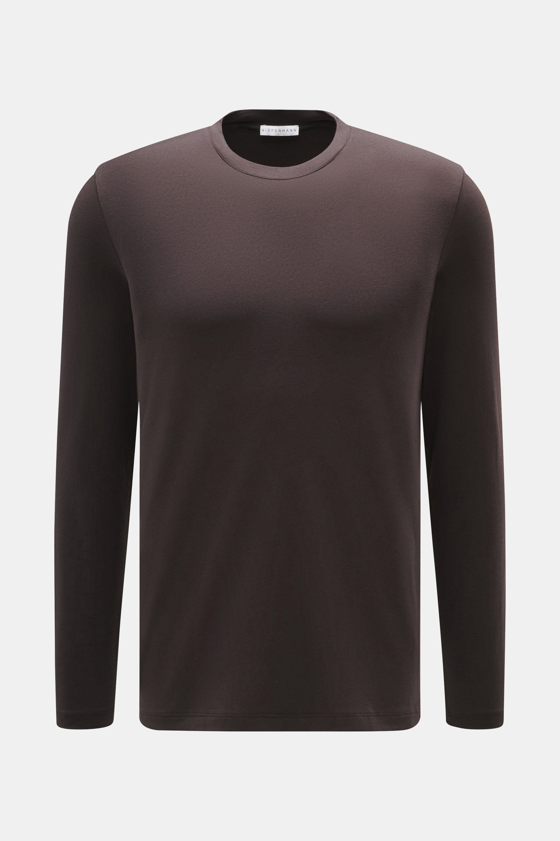 Kiefermann Rundhals-Longsleeve 'Alberts' dunkelbraun, Frontansicht, Jersey aus Modal und Baumwolle, elastisch, weich, Slim Fit, Rundhalsausschnitt