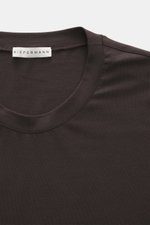 Close-up front view of the Kiefermann Crew neck long sleeve 'Alberts' dark brown showing jersey in modal and cotton, elasticated fabric, soft touch, slim fit, and crew neck.
