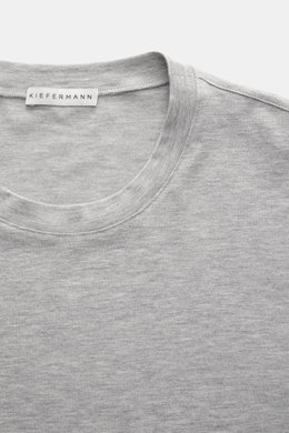 Kiefermann Crew neck long sleeve 'Alberts' grey melange shown from above, featuring jersey in modal and cotton, elasticated fabric, soft touch, slim fit, and crew neck.