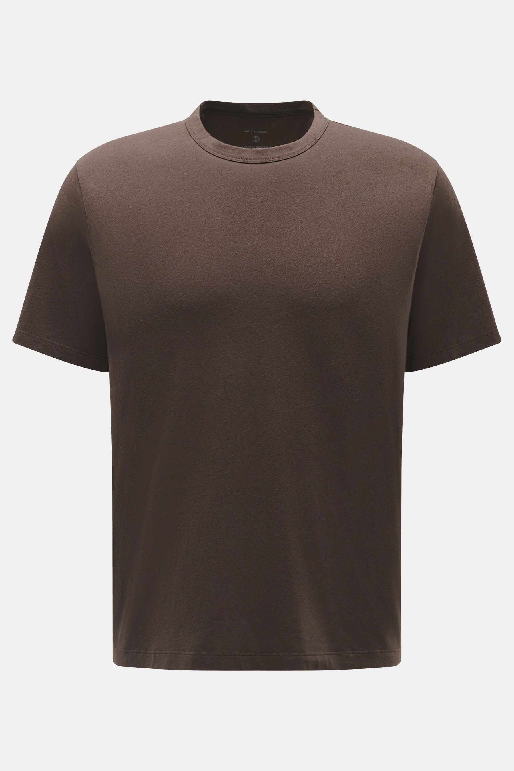 Officine Générale Rundhals-T-Shirt 'Cneck Tee' dunkelbraun, Slim Fit, aus weicher Bio-Baumwolle, Front-Perspektive, Rundhalsausschnitt, angenehme Haptik.