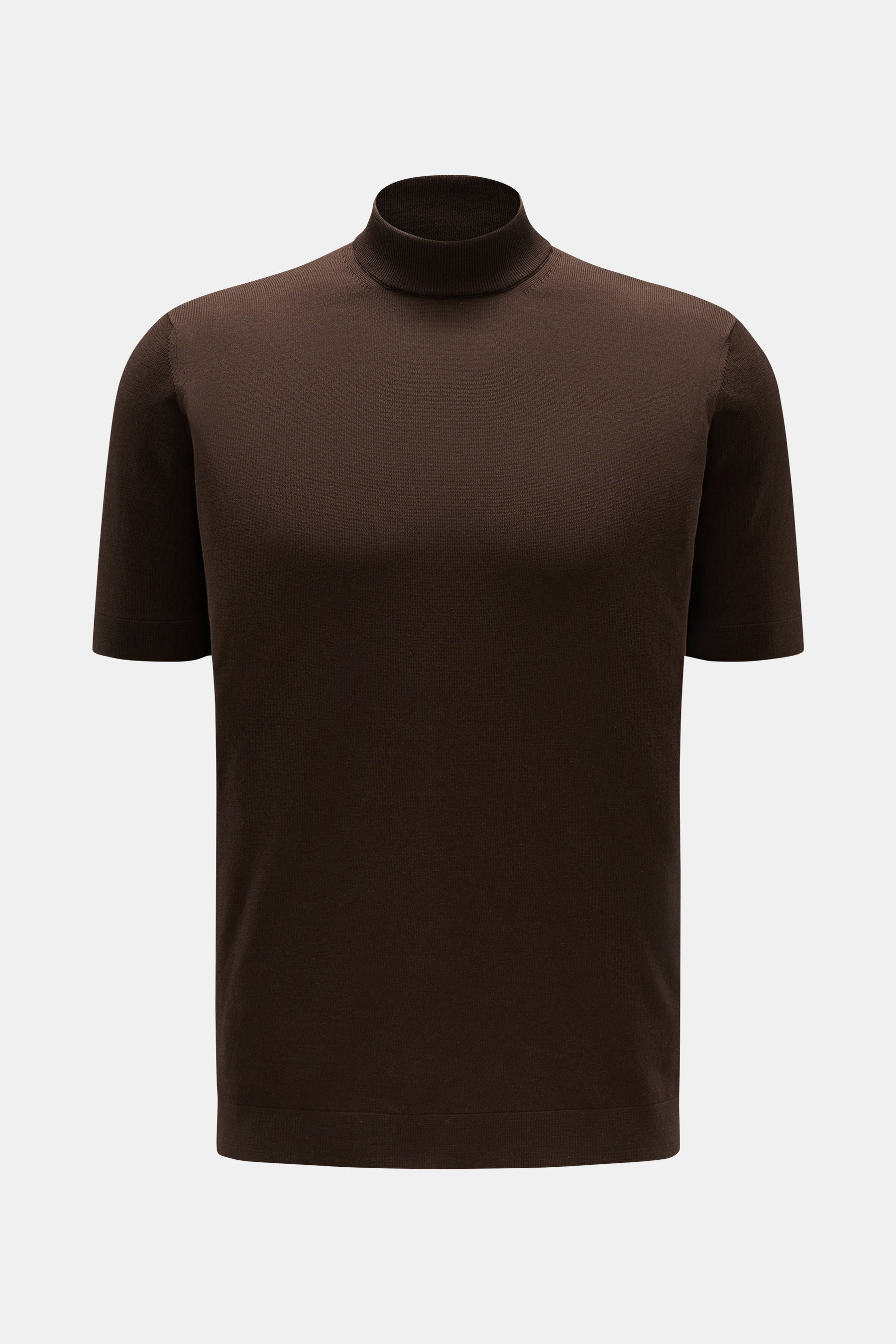 Filippo de Laurentiis Kurzarmpullover dunkelbraun, frontale Aufnahme, Slim Fit, Stehkragen, weiche reine Baumwolle, feines Strickbild.