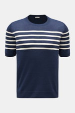 Gran Sasso Kurzarmpullover navy/offwhite gestreift, frontale Ansicht, Leinen-Baumwoll-Mix, weicher Griff, Rundhalsausschnitt, flexible Rippbündchen, maritimes Streifenmuster.
