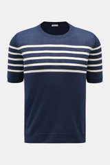 Gran Sasso Kurzarmpullover navy/offwhite gestreift, frontale Ansicht, Leinen-Baumwoll-Mix, weicher Griff, Rundhalsausschnitt, flexible Rippbündchen, maritimes Streifenmuster.