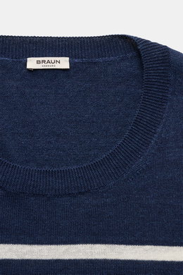 Gran Sasso Kurzarmpullover navy/offwhite gestreift, Front nah, Leinen-Baumwoll-Mix, weicher Griff, Rundhalsausschnitt, feines Strickbild, Rippbündchen.