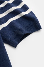 Gran Sasso Kurzarmpullover navy/offwhite gestreift, Detailaufnahme Ärmel mit feinem Strick, Rundhals, Rippbündchen, Leinen-Baumwoll-Mix, Streifenmuster