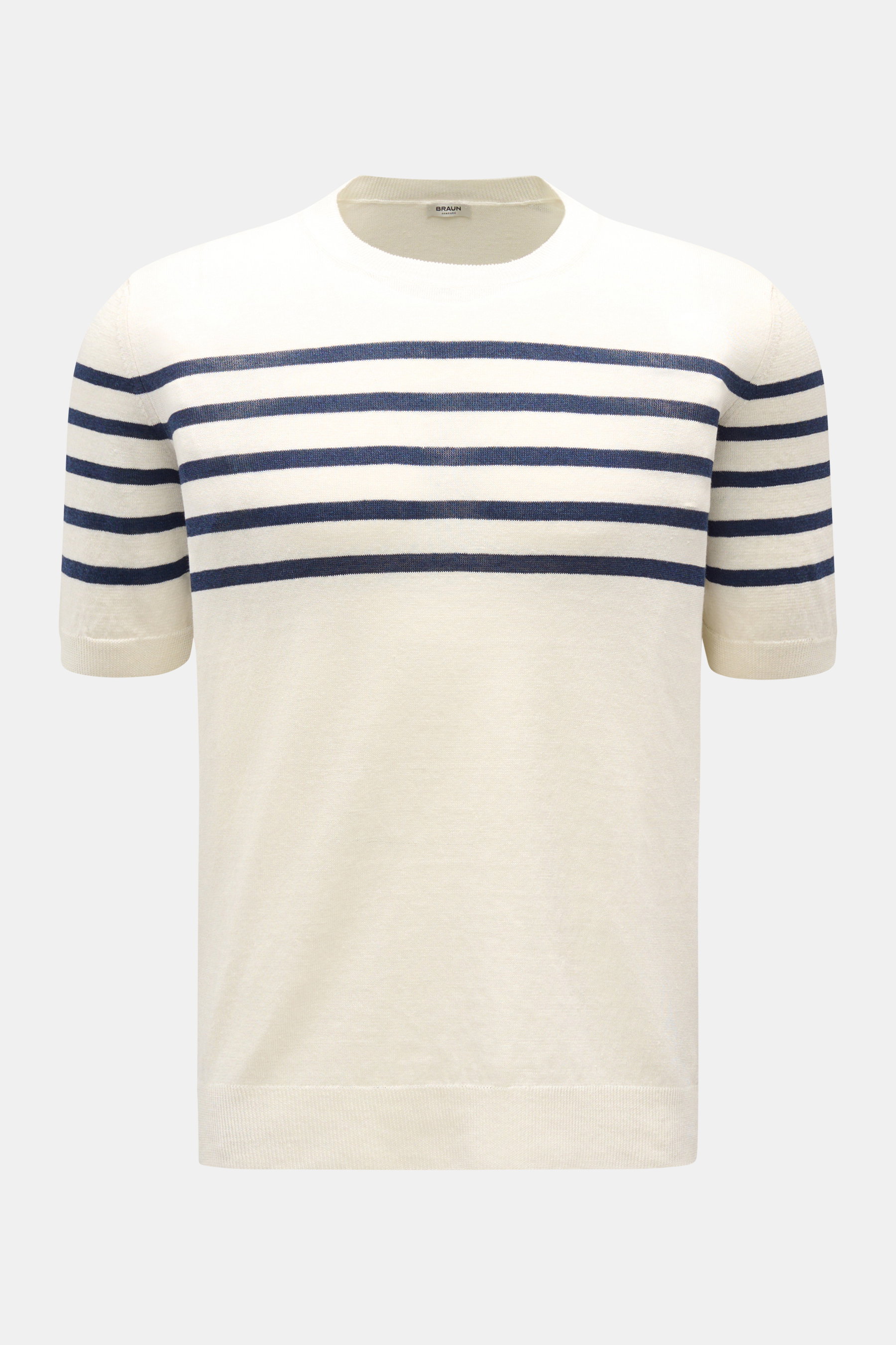 Gran Sasso Kurzarmpullover offwhite/navy gestreift, Frontansicht, Leinen-Baumwoll-Mix, weicher Griff, Streifenmuster auf Brust, Rundhals, Rippbündchen, Regular Fit