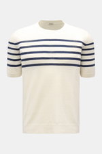 Gran Sasso Kurzarmpullover offwhite/navy gestreift, Frontansicht, Leinen-Baumwoll-Mix, weicher Griff, Streifenmuster auf Brust, Rundhals, Rippbündchen, Regular Fit