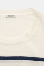 Gran Sasso Kurzarmpullover offwhite/navy gestreift, Nahaufnahme von oben, feines Strickbild, Rundhalsausschnitt, Rippbündchen, Leinen-Baumwoll-Mix, Streifenmuster auf der Brust, Regular Fit, weicher Griff.