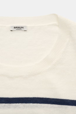 Gran Sasso Kurzarmpullover offwhite/navy gestreift, Nahaufnahme von oben, feines Strickbild, Rundhalsausschnitt, Rippbündchen, Leinen-Baumwoll-Mix, Streifenmuster auf der Brust, Regular Fit, weicher Griff.