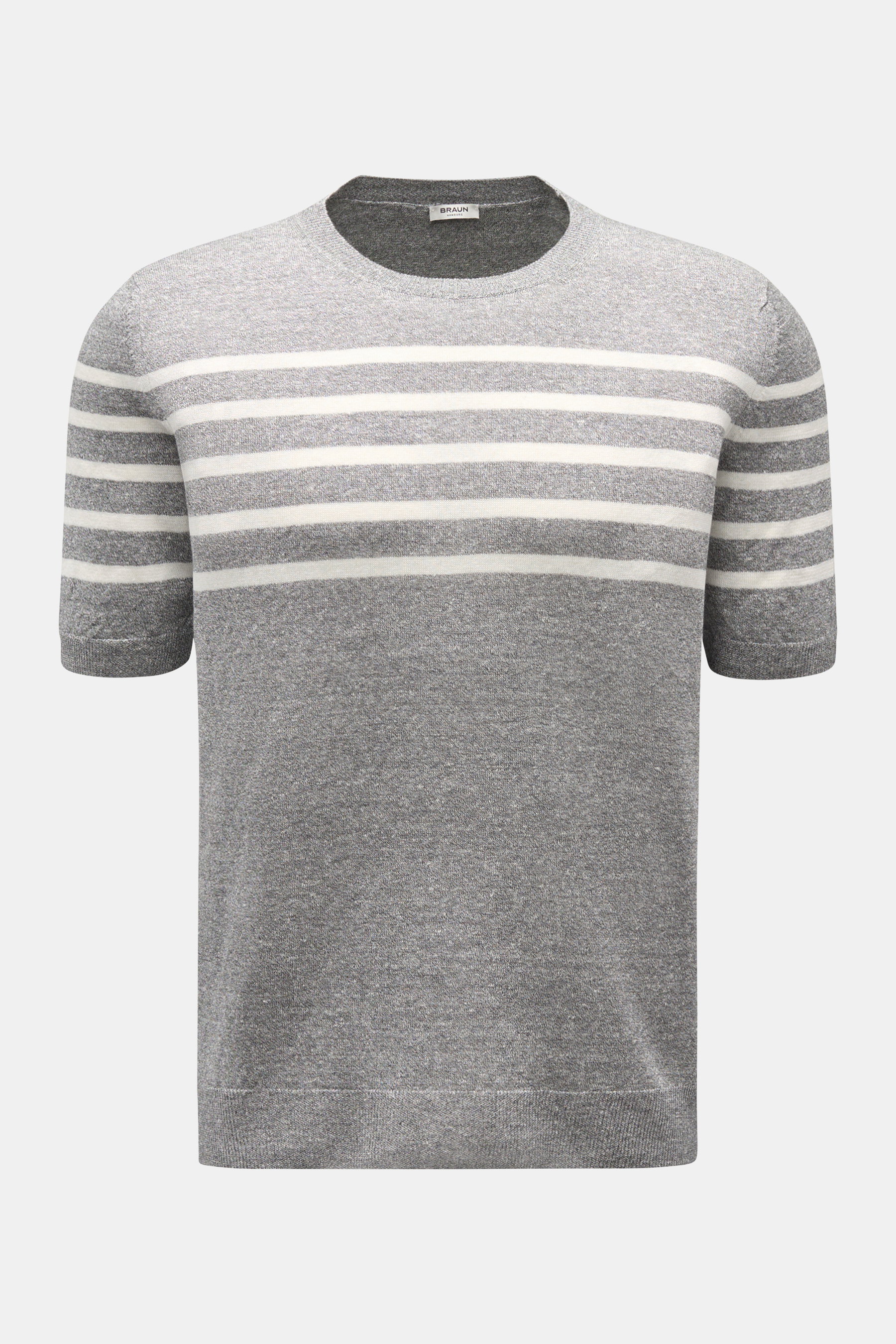 Gran Sasso Kurzarmpullover grau/offwhite gestreift, Frontansicht, Leinen-Baumwoll-Mix, weicher Griff, Rundhalsausschnitt, flexible Rippbündchen, Regular Fit.
