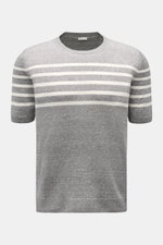 Gran Sasso Kurzarmpullover grau/offwhite gestreift, Frontansicht, Leinen-Baumwoll-Mix, weicher Griff, Rundhalsausschnitt, flexible Rippbündchen, Regular Fit.