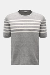 Gran Sasso Kurzarmpullover grau/offwhite gestreift, Frontansicht, Leinen-Baumwoll-Mix, weicher Griff, Rundhalsausschnitt, flexible Rippbündchen, Regular Fit.
