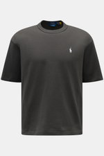Polo Ralph Lauren Rundhals-T-Shirt dunkelgrau, frontale Nahaufnahme, reine Baumwolle, Regular Fit, Rundhalsausschnitt, Logo-Stitching auf Brust, Rückseiten-Label, schwere Qualität, zeitloser Klassiker für warme Tage.