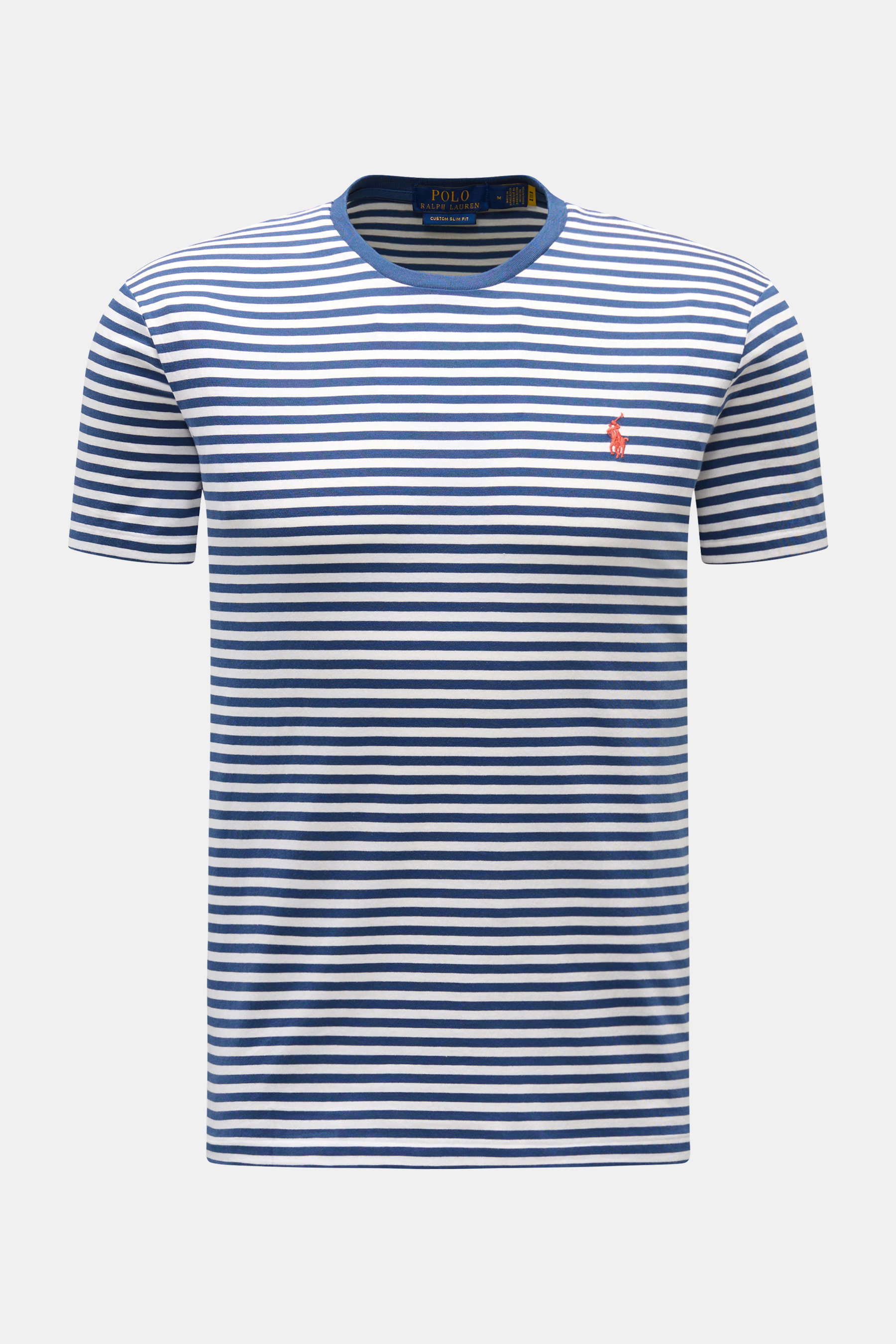 Front view of Polo Ralph Lauren Crew neck T-shirt dark blue/white striped with slim fit, classic stripes, soft pure cotton jersey, and signature chest logo.

<p>Nautical statement: This T-shirt in pure cotton by POLO RALPH LAUREN combines an iconic stripe