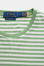 Close-up front view of Polo Ralph Lauren Crew neck T-shirt green/white striped, featuring soft pure cotton jersey, slim fit, classic stripes, and signature chest logo.

<p>Nautical statement: This T-shirt in pure cotton by POLO RALPH LAUREN combines an ic
