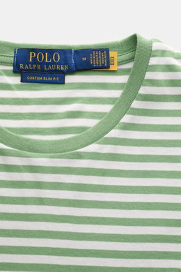 Close-up front view of Polo Ralph Lauren Crew neck T-shirt green/white striped, featuring soft pure cotton jersey, slim fit, classic stripes, and signature chest logo.

<p>Nautical statement: This T-shirt in pure cotton by POLO RALPH LAUREN combines an ic